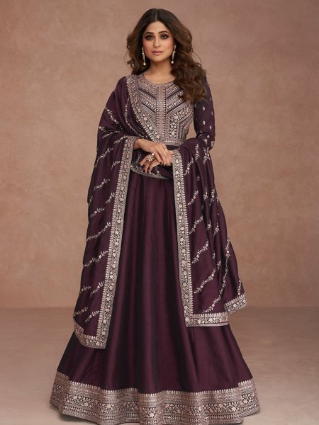 Maroon Empress Heavy Cording Silk Anarkali Gown for Royal Wedding Look