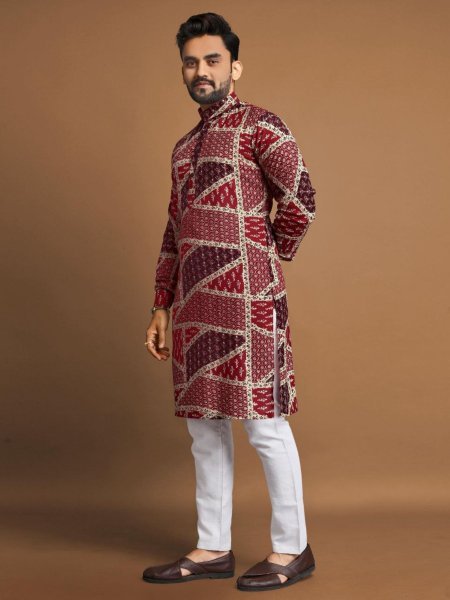 Maroon Fashion Multicolor Cotton Kurta Pajama Set for Festive Wear Mens Wear