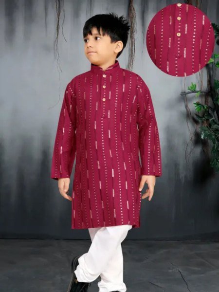 Maroon Father and Son Cotton Kurta Pajama Set Full Sleeve Embellished Design for Wedding Wear Father Son Collection 