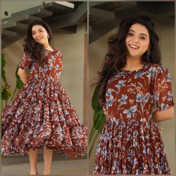 Maroon Faux Georgette Fully Flared Printed Gown Stylish Summer Frock Dress for Party Wear Fancy Look  Georgette Kurti 