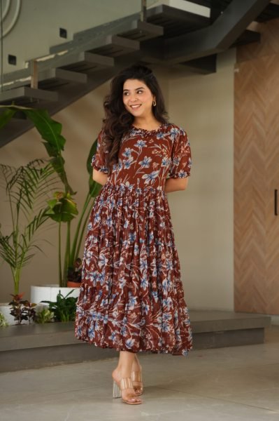 Maroon Faux Georgette Fully Flared Printed Gown Stylish Summer Frock Dress for Party Wear Fancy Look  Georgette Kurti 