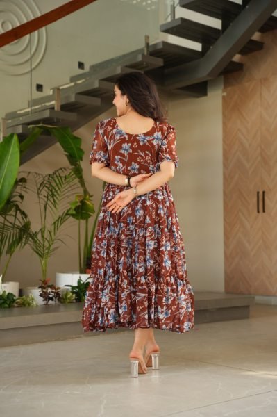Maroon Faux Georgette Fully Flared Printed Gown Stylish Summer Frock Dress for Party Wear Fancy Look  Georgette Kurti 