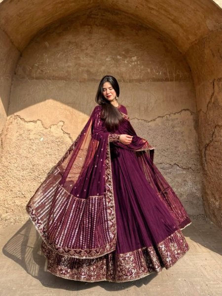 Maroon Faux Georgette Gown In Thread And Sequence Work With Matching Dupatta Ready To Wear Suit