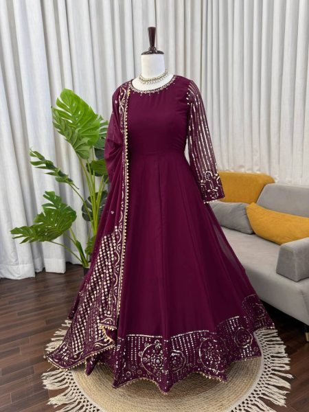 Maroon Faux Georgette Gown In Thread And Sequence Work With Matching Dupatta Anarakali Gown Wholesale