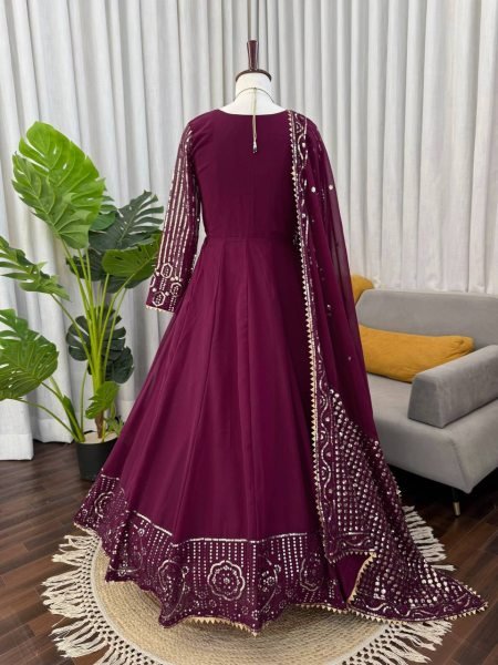 Maroon Faux Georgette Gown In Thread And Sequence Work With Matching Dupatta Anarakali Gown Wholesale