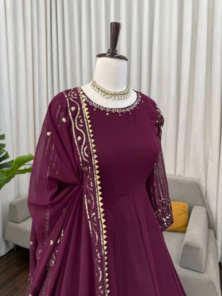 Maroon Faux Georgette Gown In Thread And Sequence Work With Matching Dupatta Anarakali Gown Wholesale