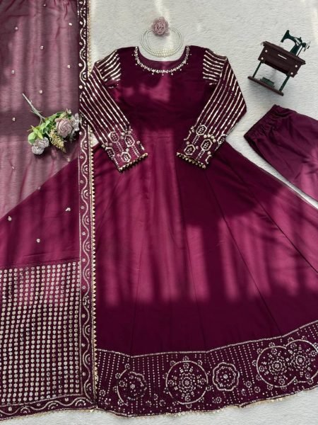 Maroon Faux Georgette Gown In Thread And Sequence Work With Matching Dupatta Anarakali Gown Wholesale