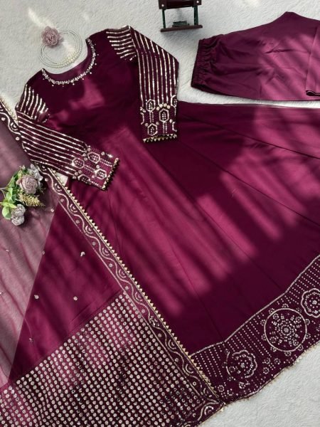 Maroon Faux Georgette Gown In Thread And Sequence Work With Matching Dupatta Anarakali Gown Wholesale