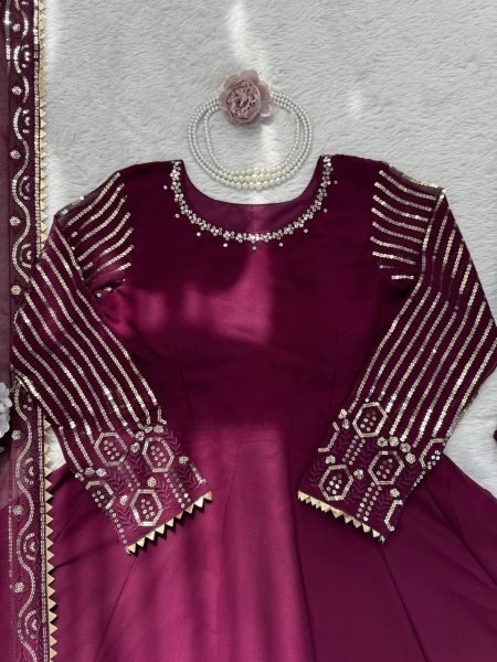 Maroon Faux Georgette Gown In Thread And Sequence Work With Matching Dupatta Anarakali Gown Wholesale