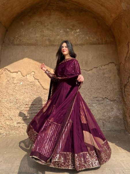 Maroon Faux Georgette Gown In Thread And Sequence Work With Matching Dupatta Anarakali Gown Wholesale
