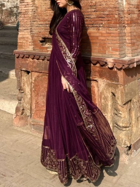 Maroon Faux Georgette Gown In Thread And Sequence Work With Matching Dupatta Anarakali Gown Wholesale