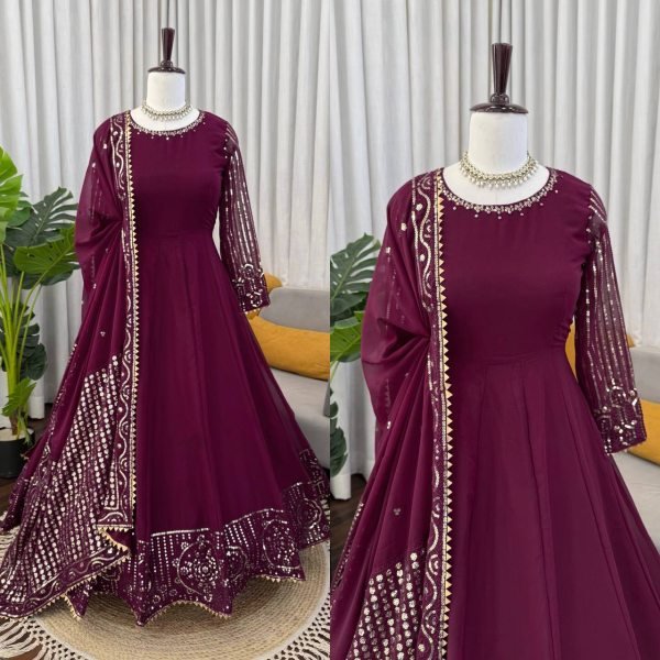 Maroon Faux Georgette Gown In Thread And Sequence Work With Matching Dupatta Anarakali Gown Wholesale