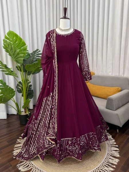 Maroon Faux Georgette Gown In Thread And Sequence Work With Matching Dupatta Anarakali Gown Wholesale