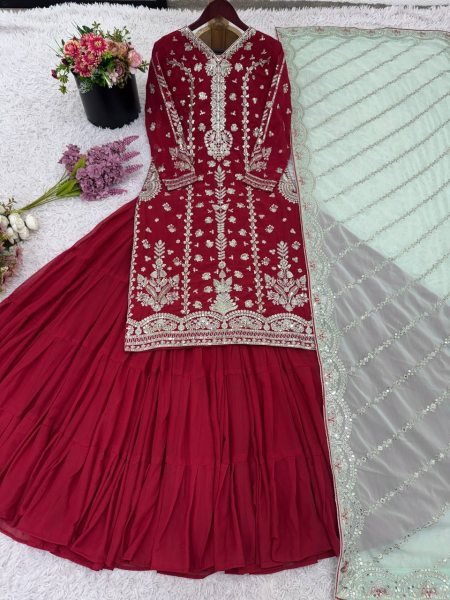 Luxury Maroon Faux Georgette Embroidered Bridal Heavy Suit Set Party Collection Ready To Wear Collection