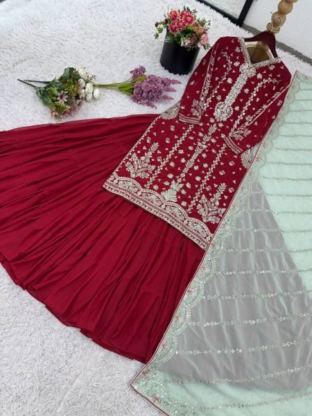 Luxury Maroon Faux Georgette Embroidered Bridal Heavy Suit Set Party Collection Ready To Wear Collection