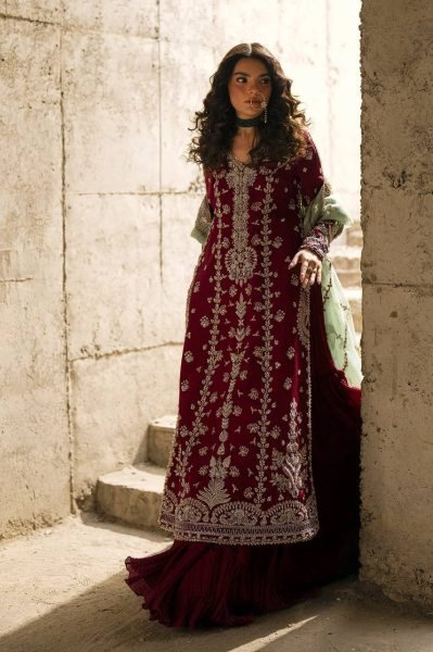 Luxury Maroon Faux Georgette Embroidered Bridal Heavy Suit Set Party Collection Ready To Wear Collection