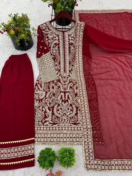 Maroon Faux Georgette Heavy Embroidery Suit with Dupatta Wedding Special Ready To Wear Collection