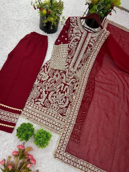 Maroon Faux Georgette Heavy Embroidery Suit with Dupatta Wedding Special Ready To Wear Collection
