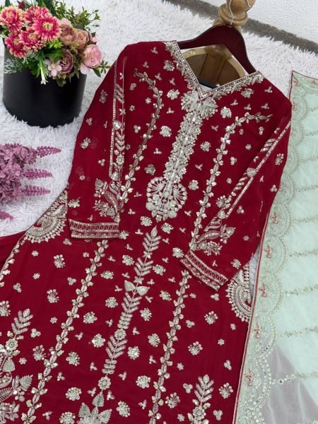 Luxury Maroon Faux Georgette Embroidered Bridal Heavy Suit Set Party Collection Ready To Wear Collection