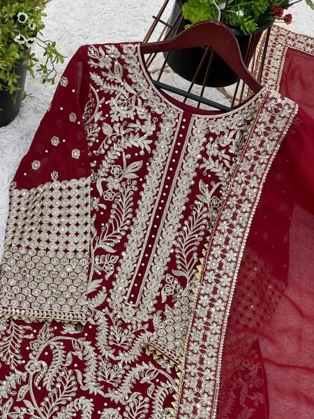Maroon Faux Georgette Heavy Embroidery Suit with Dupatta Wedding Special Ready To Wear Collection