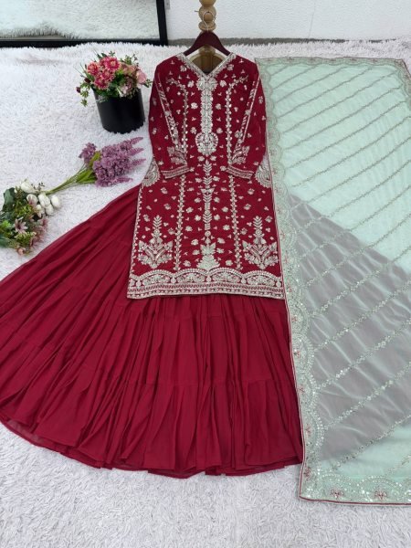 Luxury Maroon Faux Georgette Embroidered Bridal Heavy Suit Set Party Collection Ready To Wear Collection