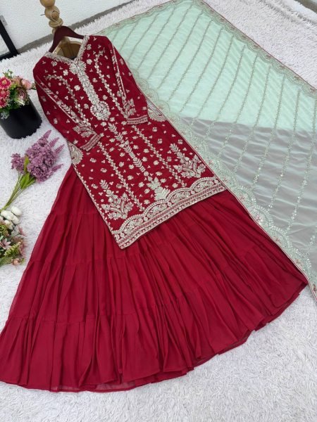 Luxury Maroon Faux Georgette Embroidered Bridal Heavy Suit Set Party Collection Ready To Wear Collection