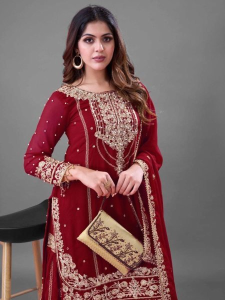 Maroon Faux Georgette Sharara Suit with Heavy Sequin and Rivet Moti Embroidery for Bridal Wear 