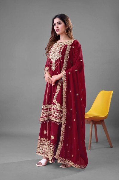 Maroon Faux Georgette Sharara Suit with Heavy Sequin and Rivet Moti Embroidery for Bridal Wear Ready To Wear Collection