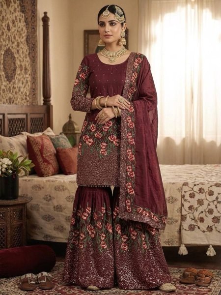 Maroon Fendy Silk Sequence Work Sharara Suit with Hand Work Perfect For Party And Festival  Ready To Wear Suit