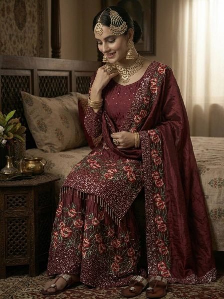Maroon Fendy Silk Sequence Work Sharara Suit with Hand Work Perfect For Party And Festival  Ready To Wear Collection