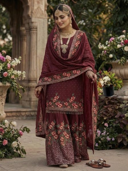 Maroon Fendy Silk Sequence Work Sharara Suit with Hand Work Perfect For Party And Festival  Ready To Wear Collection