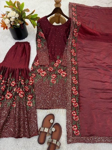 Maroon Fendy Silk Sequence Work Sharara Suit with Hand Work Perfect For Party And Festival  Ready To Wear Collection