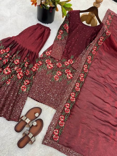 Maroon Fendy Silk Sequence Work Sharara Suit with Hand Work Perfect For Party And Festival  Ready To Wear Collection