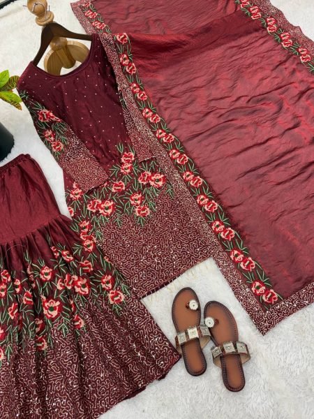 Maroon Fendy Silk Sequence Work Sharara Suit with Hand Work Perfect For Party And Festival  Ready To Wear Collection