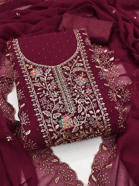 Maroon Floral Embroidered Georgette  Dress Material Designer Look  Dress Material 