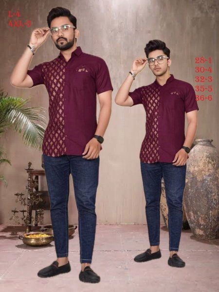 Fancy Cotton Foil Printed Shirts Wine Color Combo for Father & Son Mens Wear