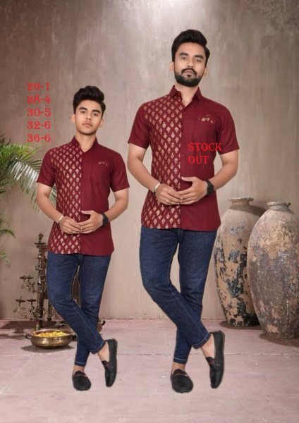 Fancy Cotton Foil Printed Shirts Wine Color Combo for Father & Son Father Son Collection 