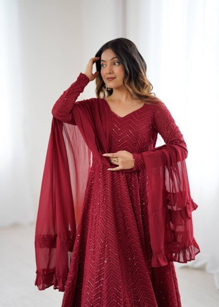 Maroon Fox Georgette Heavy Lucknowi Anarkali Gown with Dupatta Festival Wholesale Deals Diwali Collection