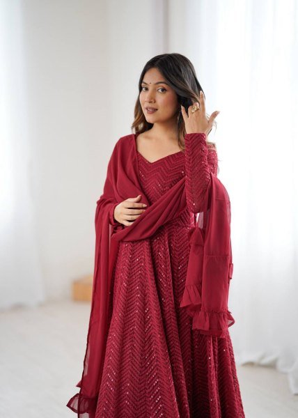 Maroon Fox Georgette Heavy Lucknowi Anarkali Gown with Dupatta Festival Wholesale Deals Diwali Collection