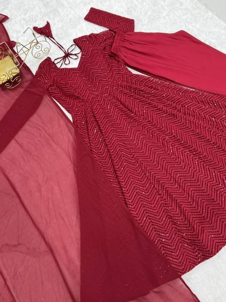 Maroon Fox Georgette Heavy Lucknowi Anarkali Gown with Dupatta Festival Wholesale Deals Diwali Collection