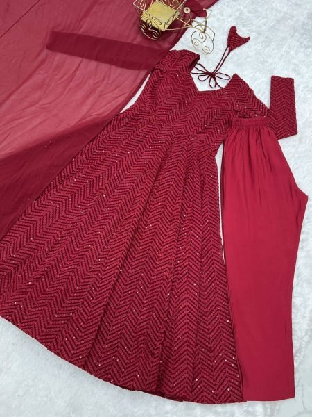 Maroon Fox Georgette Heavy Lucknowi Anarkali Gown with Dupatta Festival Wholesale Deals Diwali Collection