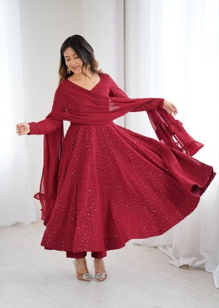 Maroon Fox Georgette Heavy Lucknowi Anarkali Gown with Dupatta Festival Wholesale Deals Diwali Collection