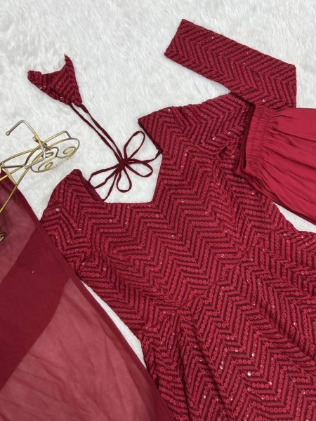 Maroon Fox Georgette Heavy Lucknowi Anarkali Gown with Dupatta Festival Wholesale Deals Diwali Collection