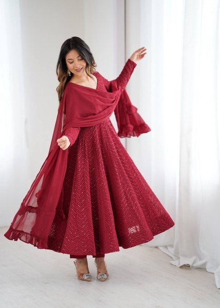 Maroon Fox Georgette Heavy Lucknowi Anarkali Gown with Dupatta Festival Wholesale Deals Diwali Collection