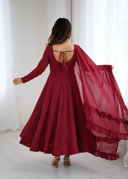 Maroon Fox Georgette Heavy Lucknowi Anarkali Gown with Dupatta Festival Wholesale Deals Diwali Collection