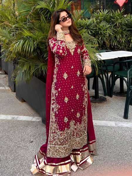 Maroon Fox Georgette Palazzo Suit with Heavy Embroidery and Dupatta Perfect for Weddings Ready To Wear Suit