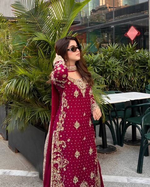 Maroon Fox Georgette Palazzo Suit with Heavy Embroidery and Dupatta Perfect for Weddings Ready To Wear Collection