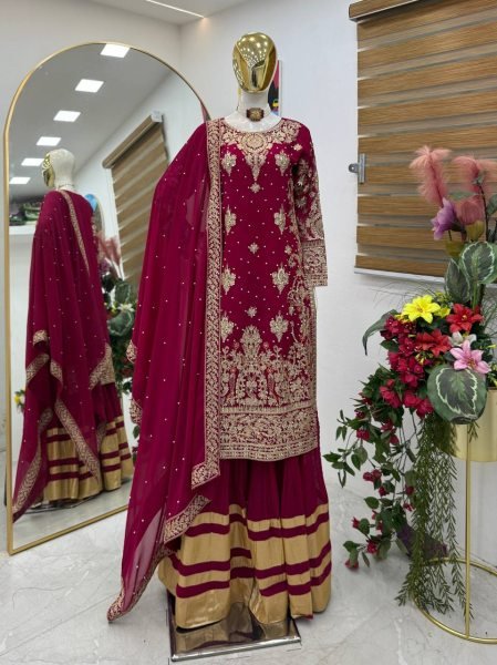 Maroon Fox Georgette Palazzo Suit with Heavy Embroidery and Dupatta Perfect for Weddings Ready To Wear Collection