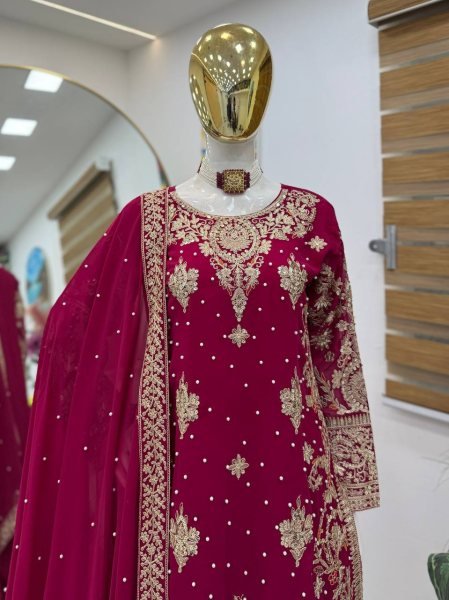 Maroon Fox Georgette Palazzo Suit with Heavy Embroidery and Dupatta Perfect for Weddings Ready To Wear Collection