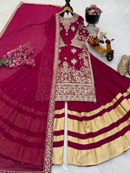 Maroon Fox Georgette Palazzo Suit with Heavy Embroidery and Dupatta Perfect for Weddings Ready To Wear Collection